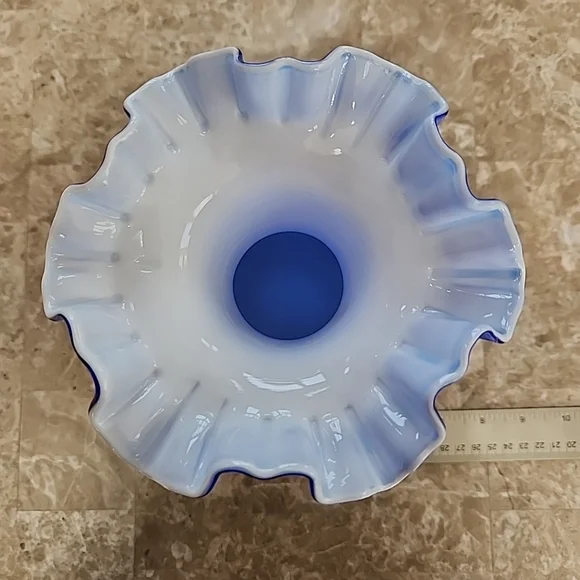 Fenton Blue Overlay Cased Glass White, Hand Painted, Pinched Side, Ruffled Top - Picture 3 of 5